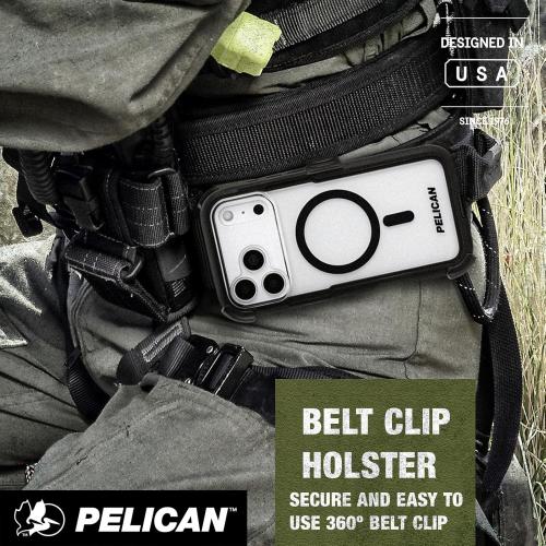 Pelican Voyager iPhone 17 Pro Max Case [Compatible with MagSafe] Rugged Phone Case, 24ft Military-Grade Drop Protection - Heavy Duty Cover w/Belt Clip Holster for iPhone 17 Pro Max - Black/Clear