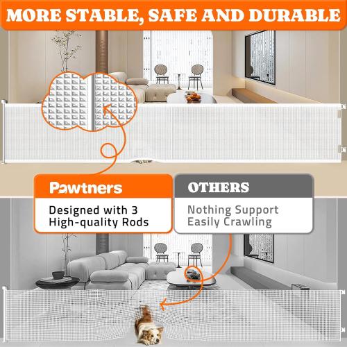 Pawtners Retractable Baby Gates Extra Wide, 41 Tall Extends up to 200 Wide, Dog Gate Indoor for Stairs, Pet Gate with Support Rods for Doorways Hallways Garage Indoor & Outdoor-White