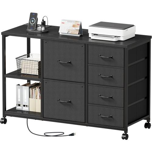 6 Drawer File Cabinet with Charging Station Rolling Printer Stand with Open Storage Shelf Fabric Lateral Filing Cabinet for Home Office,Black