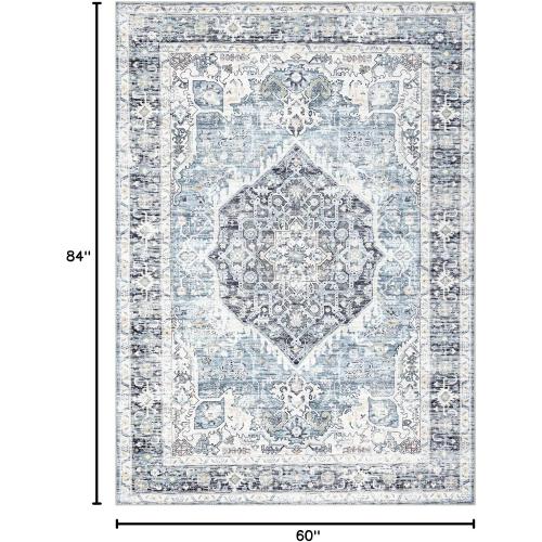 Area Rug 5×7, Vintage Boho Rug,Ultra-Soft Low Pile, Washable, Non Slip,Stain Resistant Printed Carpet for Living Room Bedrooms Playroom Office Kitchen, Light Blue