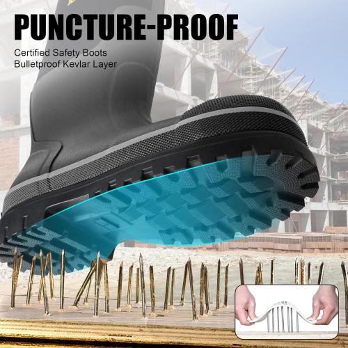 Size 9-10 Kalkal Steel Toe Rubber Boots For Men, Waterproof Rubber Work Boots With Steel Shank, Puncture-Proof Safey Composite Toe Hunting Boots for Farming, Gardening, Fishing, Outdoor Work