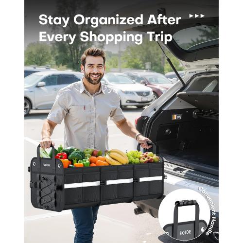 HOTOR Trunk Organizer for SUV – Car Storage Box with Reflective Strips, Collapsible Car Organizer with Large Capacity, Essential Car Accessories for Truck, Van & Sedan, Black, 33.1 x 13.0 x 12.0