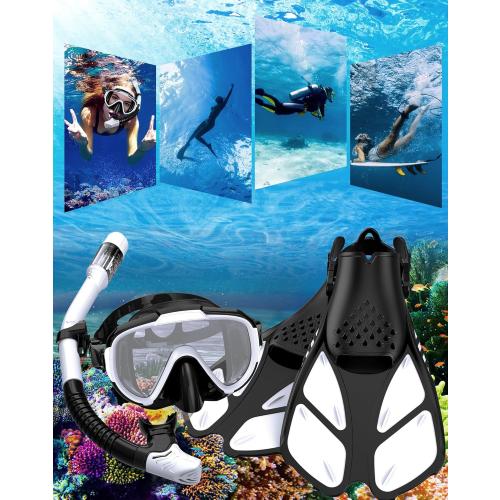 Snorkeling Gear for Adults Men Women,4 in 1 Snorkel Set with Panoramic View Diving Mask Anti-Fog Anti-Leak,Dry Top Snorkel,Fins and Travel Bag for Swimming,Snorkeling and Travel Diving