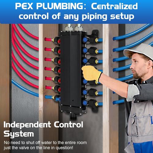 50250 18-Port Pex Manifold Compatible with Viega Manabloc,1/2 Zero Lead Poly Alloy PEX Crimp Manifold for Homerun Water Distribution System, Leak-Proof Valves，Suitable for crimping and PEX crimping.