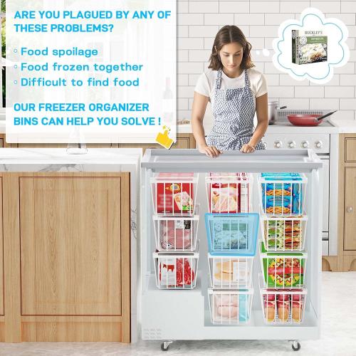 Freezer Organizer Bins, 8 Pack Chest Freezer Organizer Stackable for 5-7 Cu.FT Deep Freezer Sort Frozen Meats and Food, Freezer Storage Baskets with Handles Easy Reach from Bottom, White