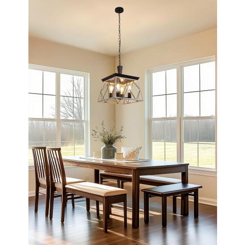 DORESshop 4-Light Rustic Farmhouse Chandelier for Dining Room, 15 Black and Rust Dining Room Light Fixtures, Adjustable Hanging Vintage Trapezoidal Grid Light Fixture for Kitchen Island, E26 Base