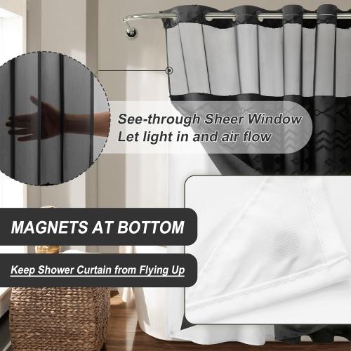 No Hooks Required Boho Farmhouse Shower Curtain Tufted Chevron Striped with Snap in Liner - 72W x 80H, Water Resistant Hotel Grade Spa Like Bathroom Curtain Set, Black