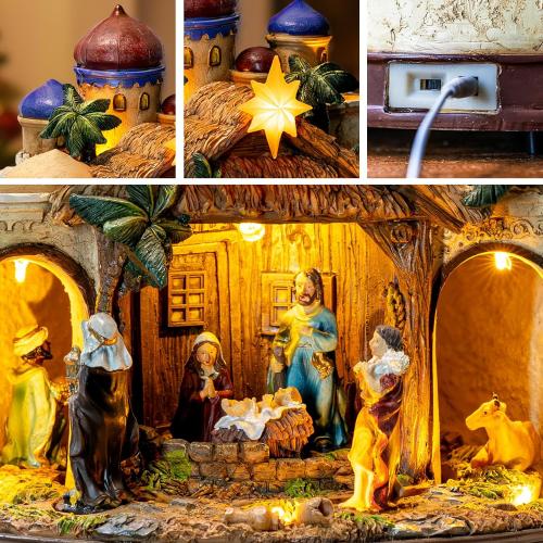 MXwcy Large Christmas Village Collectibles Statues Lighted Nativity Scene Architectural Decorations, Hand-Painted Bethlehem Creche with Holy Family & Magi, Religious Holiday Collectible Statue