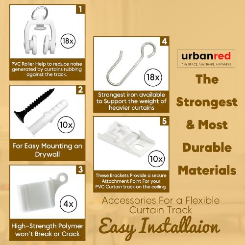 UrbanRed Flexible Ceiling Curtain Track - Room Divider, Curtain Rod, Wall Divider Curtain, Ceiling Mount, RV Rail, Shower Corner, Long Curved Hospital Privacy System (White, Accessory Kit)