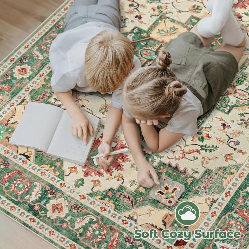 Area Rug 8x10 Washable Rug, Vintage Boho Medallion Rugs Non-Slip Soft Low Pile Large Distressed Rug Indoor Retro Carpet for Living Room Bedroom Dining Room Home Office (Green Beige, 8'x10')