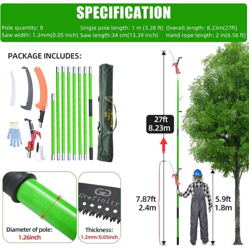 27FT Manual Pole Saw, Tree Branch Trimmer with 8-Section Fiberglass Handle, Sharp Steel Blade and Scissors, Lightweight Extendable Design for High Branch Trimming, Ideal for Palms and Shrubs