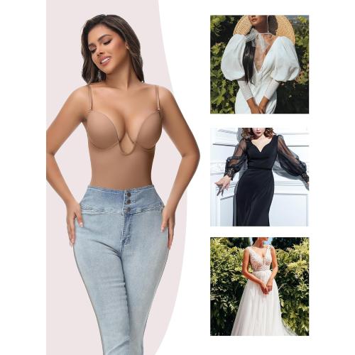 SHAPSHE Low Back Shapewear U Plunge Strapless Bodysuit for Women Tummy Control Built In Bra Thigh Slimmer Body Shaper