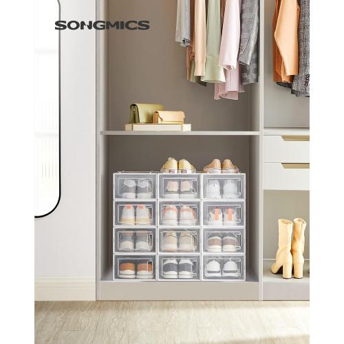 SONGMICS Shoe Boxes, Pack of 12 Shoe Storage Organizers, Stackable Clear Plastic Boxes for Closet, Sneakers, 13.1 x 9.1 x 5.6 Inches, Transparent and White ULSP12SWT