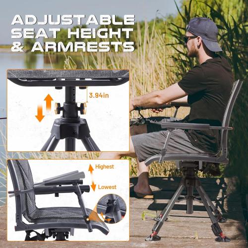 TR 360 Degree Swivel Hunting Blind Chair,400 lbs Capacity Silent,4 Legs and Seat Armrests Height Adjustable,Comfortable Padded Seat,Portable Ground Hunting Chair for Deer Dove Hunting