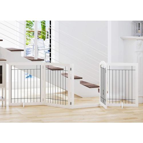SPIRICH 96-inch Extra Wide 30-inches Tall Dog Gate with Door Walk Through, Freestanding Wire Pet Gate for The House, Doorway, Stairs, Pet Puppy Safety Fence, Support Feet Included (White)