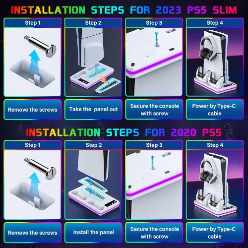 for PS5/PS5 Slim/PS5 Pro Stand and Cooling Station with Controller Charging Station for PlayStation 5 Slim&Standard Disc/Digital Console, 10 Light for PS5 Cooler Accessories Incl 3 Levels Cooling Fan