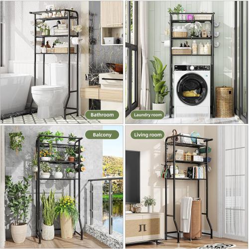 Simple Trending Over The Toilet Storage Cabinet, Metal Bathroom Shelf Organizer with Paper Holder and Hooks, 3 Tier, Black