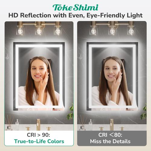 TokeShimi 24x30 LED Bathroom Mirror with Lights,Front Lit   Backlit,Anti-Fog LED Mirror for Bathroom,Stepless Dimmable 3-Color Light,Tempered Glass,Memory,UL Listed,Waterproof