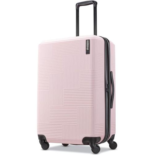 American Tourister Stratum XLT Expandable Hardside Luggage with Spinner Wheels, Pink Blush, Checked-Medium 24-Inch