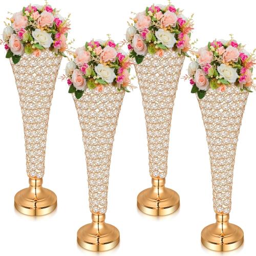 Rtteri 4 Pcs 20 Inch Tall Crystal Vase for Centerpieces Wedding Metal Crystal Trumpet Flower Vase Stand for Table Floor Wedding Party Favor Banquet Celebration, Classic Elegance(Gold).   (. Missing screws )