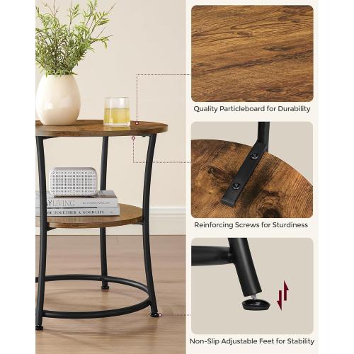 VASAGLE Side Table, 2-Tier Round End Table, Nightstand with Steel Frame for Small Spaces, Living Room, Bedroom, Rustic Brown and Ink Black