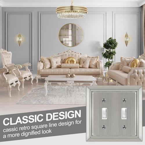 Metal Wall Plate for Electrical Outlets, Decorative Brushed Nickel Switch Plates Outlet Cover, Light Switch Cover Plate, 2-Gang Wall Plates (Double Toggle, 2 Pack)