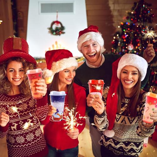 6pcs Christmas Color Changing Hot Cups with Lids, Plastic Reusable Hot Coffee Cups for Adults Kid Winter Christmas Holiday Birthday Party Cups Tumblers, 16 Oz