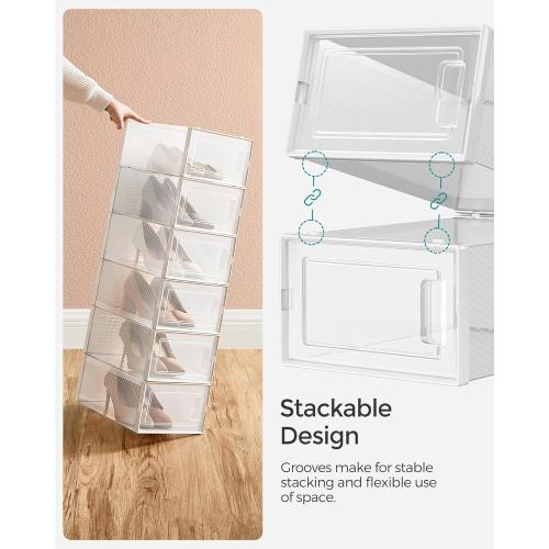 SONGMICS Shoe Boxes, Pack of 12 Shoe Storage Organizers, Stackable Clear Plastic Boxes for Closet, Sneakers, 13.1 x 9.1 x 5.6 Inches, Transparent and White ULSP12SWT
