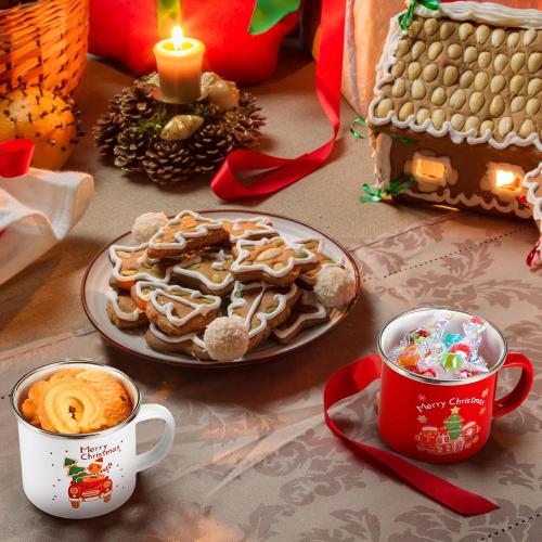 Zhehao 4 Pcs Christmas Mini Coffee Mug 8.5 oz Christmas Mugs Enamel Cup Gingerbread Coffee Cup with Handle Portable Camp Small Holiday Enamel Tea Cups for Indoor Outdoor Home Women Gifts