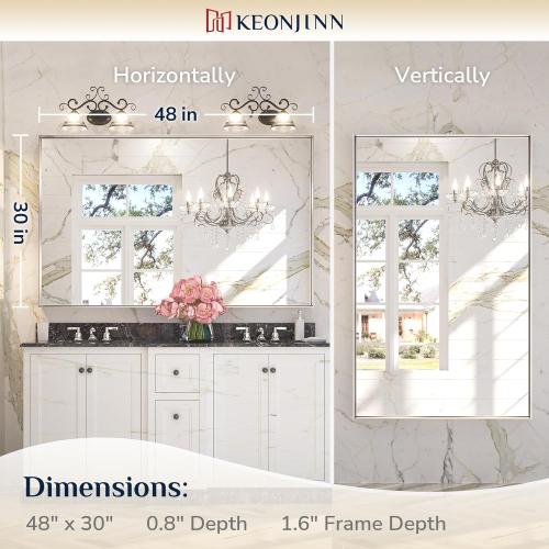 Size 48x 30 Brushed Silver Bathroom Vanity Mirror 48 x 30 Inch Large Rectangle Wall Mounted Mirror Square Corner Metal Framed Farmhouse Mirror Modern Rectangular Mirror for Over Sink(Horizontal/Vertical)