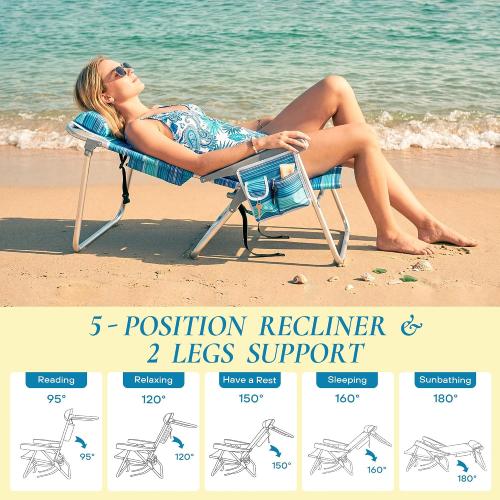 Tall Beach Chairs for Adults, Portable Folding High Seat Backpack Beach Chair Heavy Duty 5-Position Lay Flat with Cooler Bag, Cup Holder for Outdoor/Lawn/Trip/Picnic/Fishing/Camping