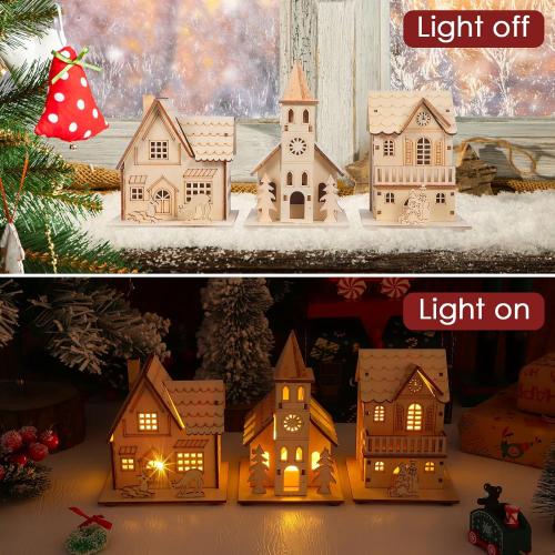 3 Pcs Christmas Village Houses: Led Light Wooden House with Battery, Unfinished Rustic Holiday Village Decor - Perfect for Christmas Table Centerpieces, Xmas Party Decorations,DIY Crafts