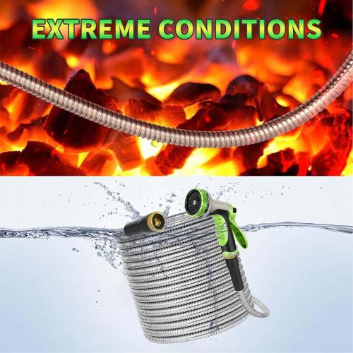 Green and Black Stainless Steel Metal Garden Hose Lightweight, Puncture & Rust Proof Heavy Duty Water Hose for Yard, RV, Garden, Outdoor