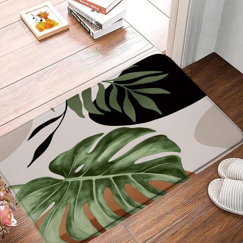 Abstract Tropical Bath Rug Boho Leaves Mid Century Modern Green Palm Leaf Botanical Nature Brown Black 18x30 InchBath Mat for Bathroom Kitchen Toilet