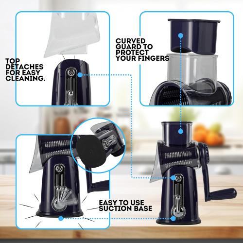 5-in-1 Rotary Cheese Grater with Handle – Stainless Steel Blades, Vegetable Slicer & Shredder, Nut Grinder, Carrot & Cabbage Grater, Easy-to-Clean Kitchen Tool (Purple)