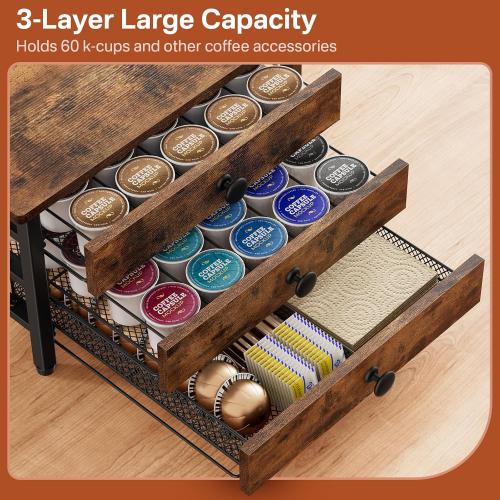 Coffee Pod Holder for Counter, 3 Tier Coffee Pod Drawer for K Cup Capsules, 60 Capacity Pods Storage Organizer Cups Capsule with Sliding Baskets for Coffee Bar, Kitchen