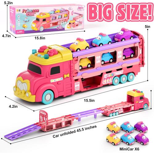 Carrier Truck Toys for Kids, Princess 3.8-FT Foldable Hauler Track Ejection Car and 6 Carton Car with Light&Sounds, Truck Toy Child Toys for 3 4 5 6  Year Old Girls-Pink