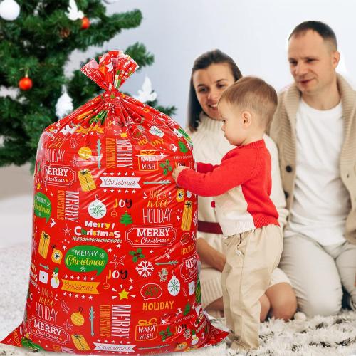 2 Pack Jumbo Christmas Gift Bag with Tag & Tie, 56 X 36 Oversized Christmas Plastic Wrapping Bags, Giant gift Bags for Huge Present Decoration, Holiday Bags for Large Gifts, Toys, Goodie Supplies