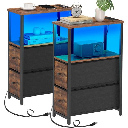 TUTOTAK Small Narrow LED End Table with Charging Station, Side Table Outlets, Nightstand with 2 Cloth Drawers, Set of 2, Couch Table, for Living Room, Bedroom, Bedside, Brown TB01BB056
