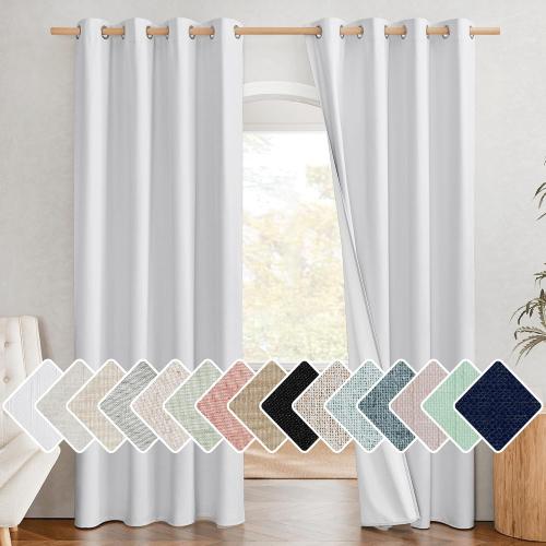 NICETOWN 100% Absolutely Blackout Linen Curtains with Thermal Insulated White Liner, White, 52 inches Wide, 84 inches Length Energy Saving Curtains for Living Room 2 Panels Set, Vertical Blinds