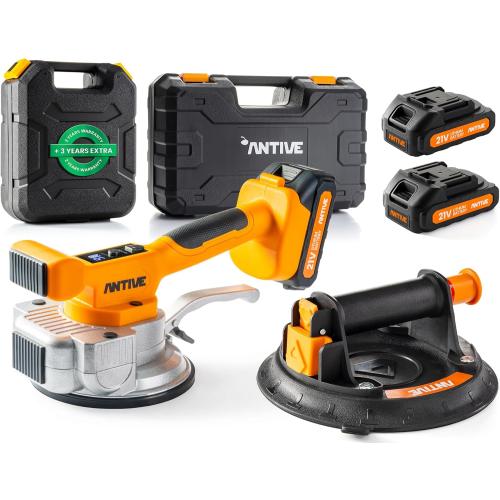 Tile Vibration Tool Pro Set with 21V Batteries & 8″ Vacuum Suction Cup – 110 lb. Tile Suction Cup Tool Power – 9 Tile Vibrator Levels for Leveling Marble, Ceramic, Paver, Granite & Concrete