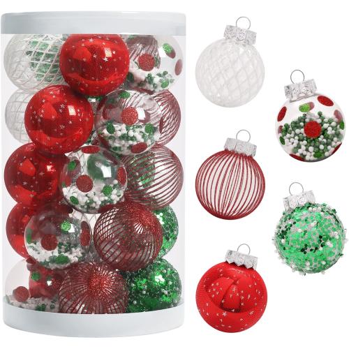 25PCS Christmas Ornaments Set, 2.36/6CM Assorted Clear Plastic Shatterproof Ball Hanging Ornaments for Xmas Tree Decorations, for Indoor Home Holiday Decor - Red/Green/White.