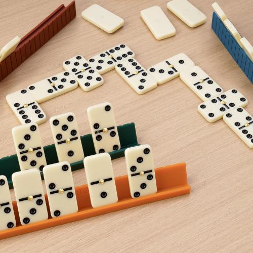 Double 6 Compact Dominos Set for Adults with 28 Tiles 1.6x0.8x0.2 Inches & 4 Silicone Domino Racks 6.3x0.67x0.7 Inches, Classic Board Games with Portable Case for Family Game Nights & Travel