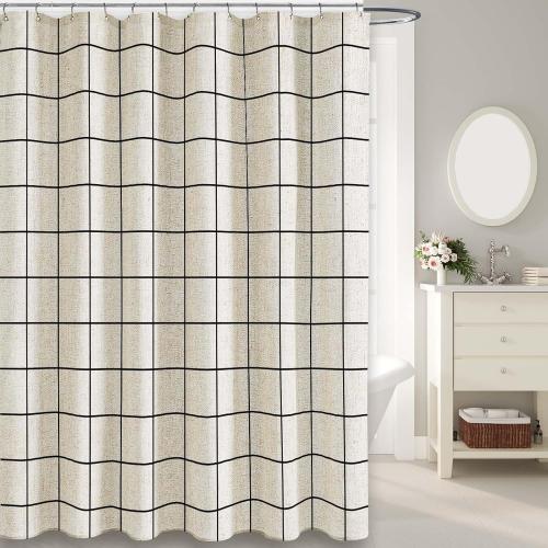 Farmhouse Plaid Shower Curtain Beige Linen Shower Curtains for Bathroom Natural Black Pattern 72 x 72 Inch