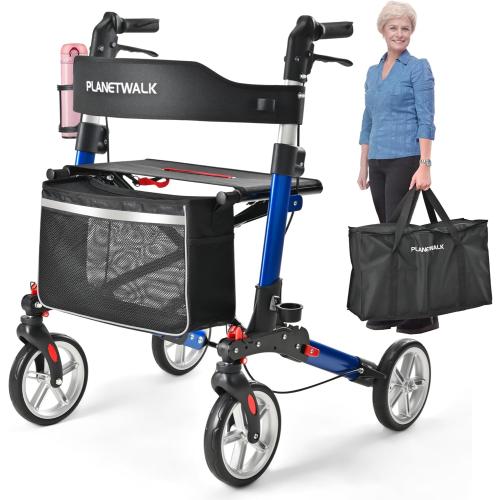 Double Folding Rollator Walker for Seniors - Lightweight Aluminum Frame with 300 lb Capacity, 8 All-Terrain Wheels, 6-Level Adjustable Height Rolling Walker with Travel Bag - Blue