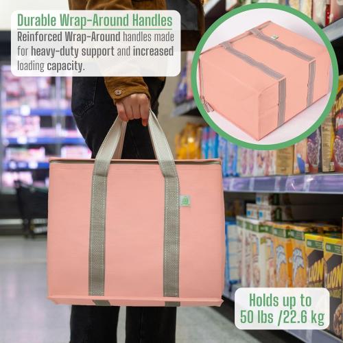 VENO 2 Pack Cooler Bag and Insulated Grocery Bags for Food Delivery, Collapsible Cooler. Reusable Shopping Bags for Groceries with Hard Bottom, Zippered, Foldable, Heavy-Duty (Peach Pink, 2 Pack)