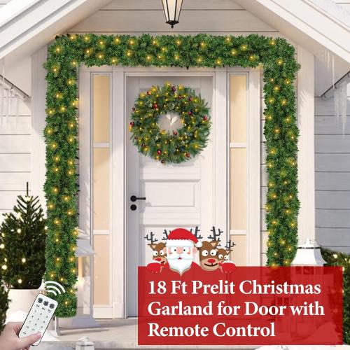 Remote Control 18 Ft Extra Long Prelit Christmas Garland Outdoor 100 Warm White & Multicolor Light 12 Mode Timer Real Touch Cedar Garland Battery Operated 600 Branch Christmas Decoration Stairs Mantle