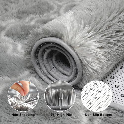 Shag Area Rug 5x7 Feet Extra Soft Rugs for Living Room, High Pile Indoor Carpet for Bedroom, Kids Room, Nursery, Home Decor, Geometric, Light Grey/White