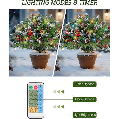 Set of 2 Christmas Planter/Urn Fillers Outdoor Front Porch, Artificial Prelit Christmas Tree with Remote, Holiday Pot Fillers with Timer, Multi-Color Lights, Outdoor Christmas Decorations Yard