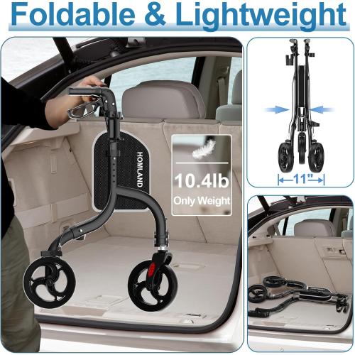 3 Wheel Walkers for Seniors, Foldable Wheeled Rollator with Cane Hold and Cup Hold, Lightweight Three Wheel Rolling Walker Height Adjustable for Seniors